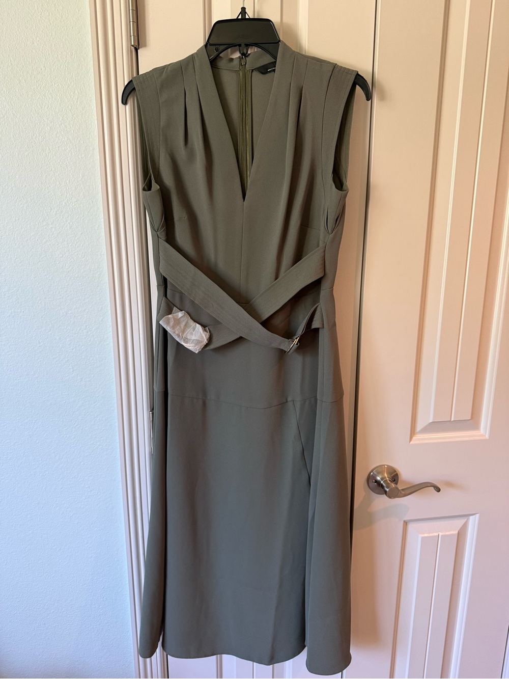 White House Black Market Olive Green Sleeveless Wrap-Detail Midi Dress